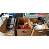 Image 1 : 3 BOXES OF ASSORTED OFFICE SUPPLY, DISHES AND ELECTRICAL OUTLET COVERS