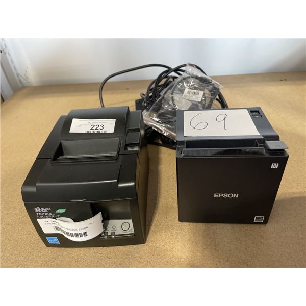 2 THERMAL RECEIPT PRINTERS, EPSON MODEL M30 AND STAR MICRONICS TSP100 WITH POWER ADAPTERS