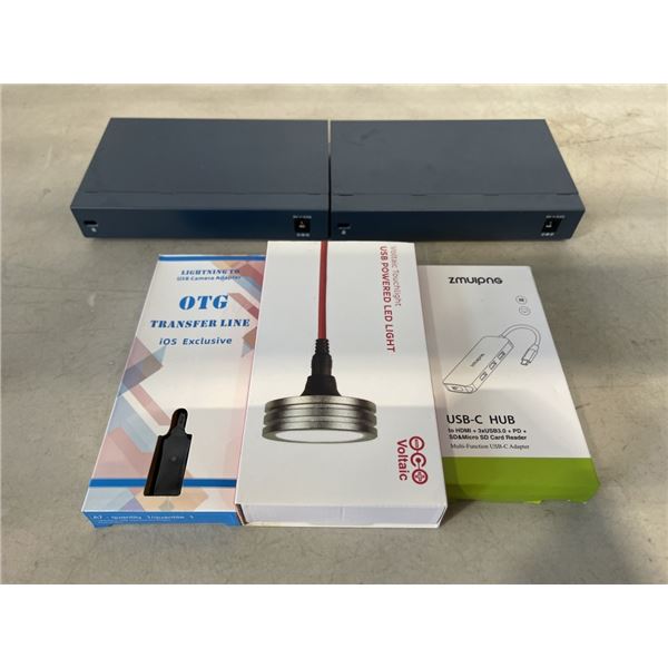 7 IN 1 HUB, USB POWERED LED LIGHT, LIGHTNING CAMERA ADAPTER AND TWO NETWORK SWITCHES