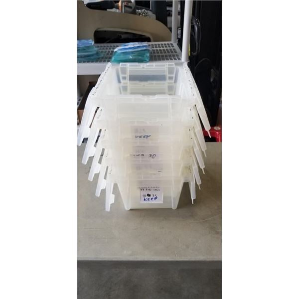 5 ULINE PLASTIC TOTES WITH ATTACHED LID, GOOD CONDITION, NO CRACKS