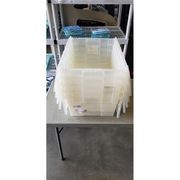 5 ULINE PLASTIC TOTES WITH ATTACHED LID, GOOD CONDITION, NO CRACKS
