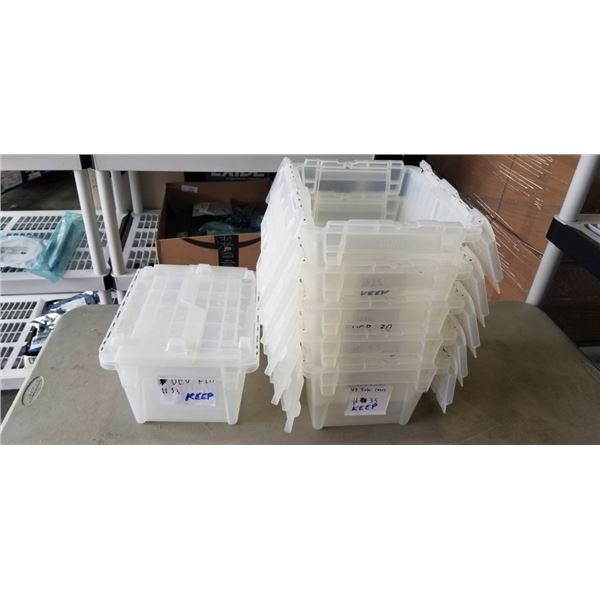 6 ULINE PLASTIC TOTES WITH ATTACHED LID, GOOD CONDITION, NO CRACKS