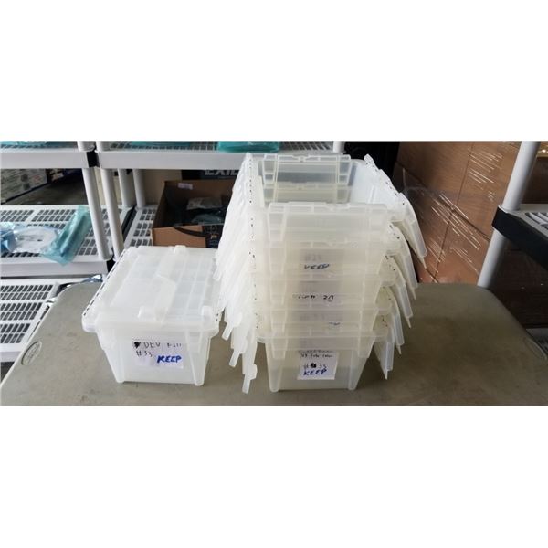 6 ULINE PLASTIC TOTES WITH ATTACHED LID, GOOD CONDITION, NO CRACKS