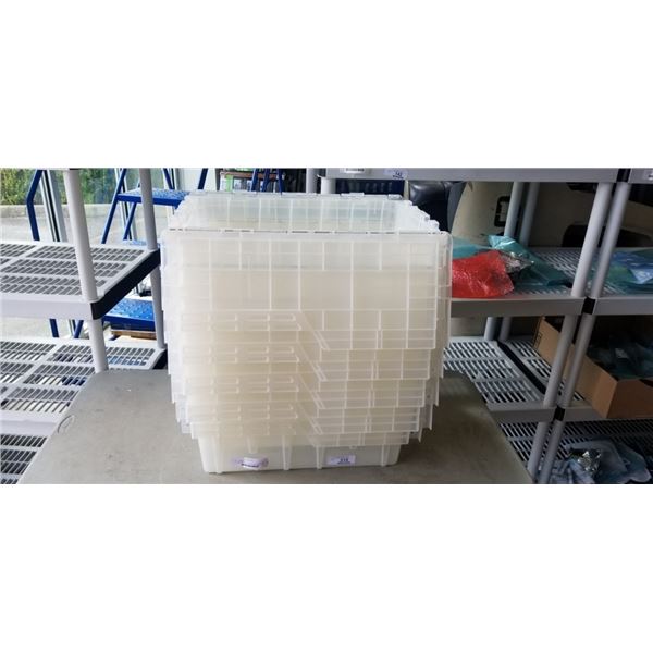 5 ULINE PLASTIC TOTES WITH ATTACHED LID, GOOD CONDITION, NO CRACKS