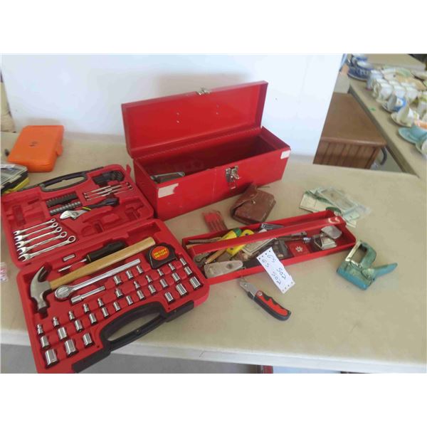 Red Metal Tool Box with Odds Tools, Tool Kit 