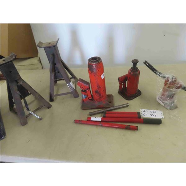 3 Hydraulic Bottle Jacks, Handles, 2 Jack Stands 