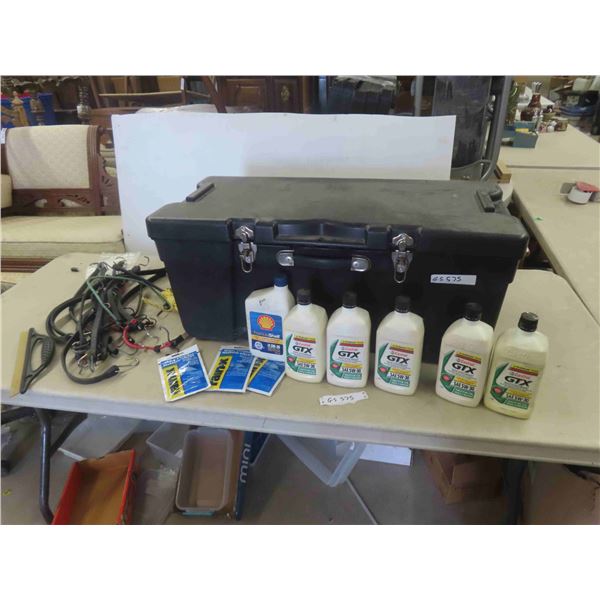 Hinge Top Tool Box, Bungy Straps, 6L 5W30 Engine Oil 