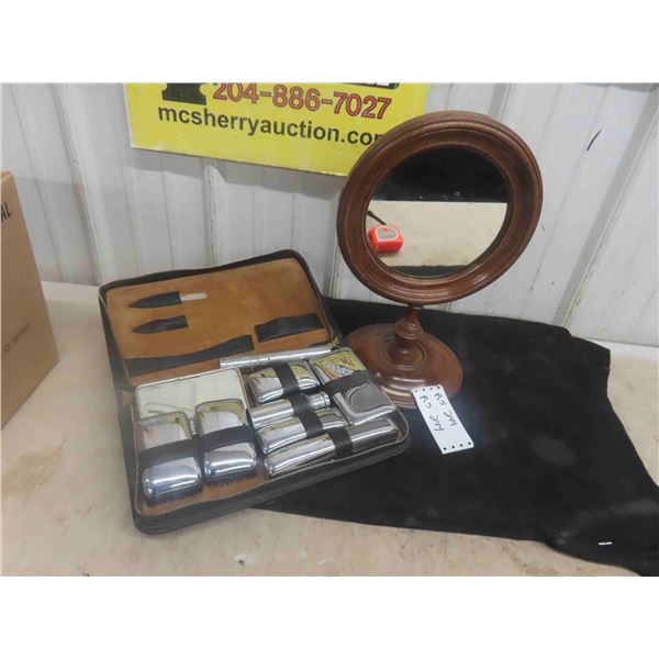 Antique Hand Carved Walnut Round Standing Mirror 15'' H x 