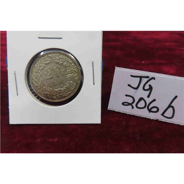 1958 Switzerland 2 Francs Helvetia Silver Coin