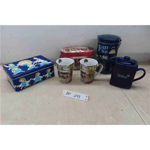(3) pcs Tetly Tea - 1 Very Nice Teapot, 2 Cans, 2 Porcelin 