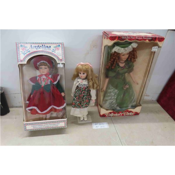 2 Collector Dolls In Boxes, 1 Porcelain Doll with Stand