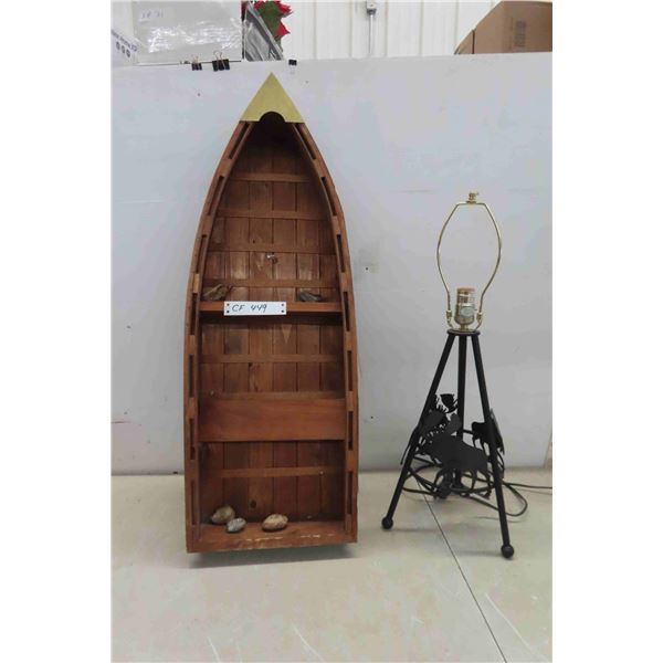 Boat Shaped Shelf 33" x 12"x 4.5" & Metal Laser Cut Moose Table Lamp 25" No Shade