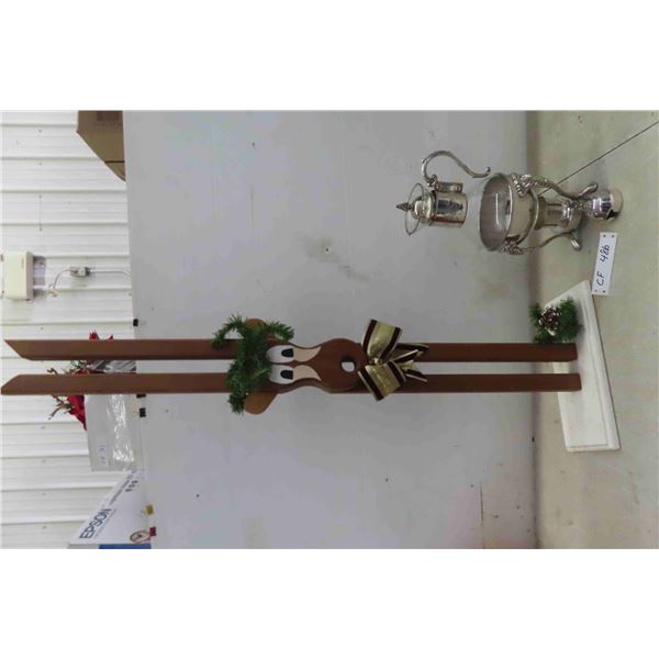 Standing 40"Tall Wooden Reindeer Figure + Glass Coffee Pot