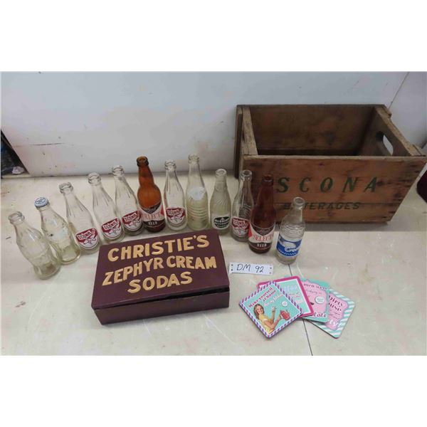 (12) Vintage Glass Bottles, Scona Wood Crate, Cream 
