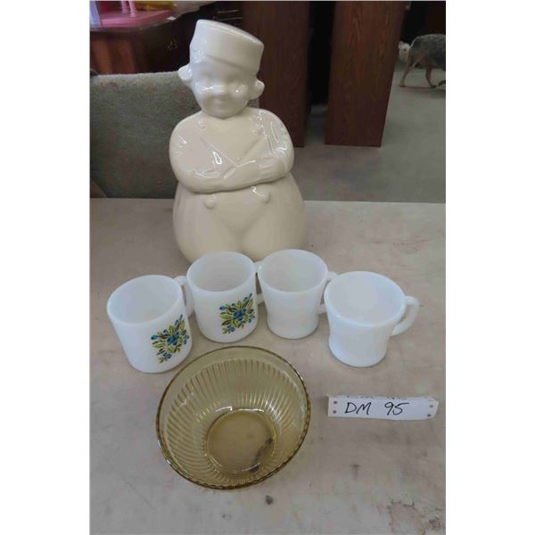 Cookie Jar, (4) Oven Glass Mugs and Glass Bowl
