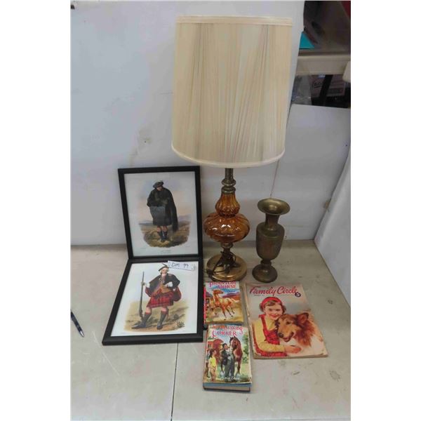 Brass Vase, (2) Pictures and (2) Books and Magazine