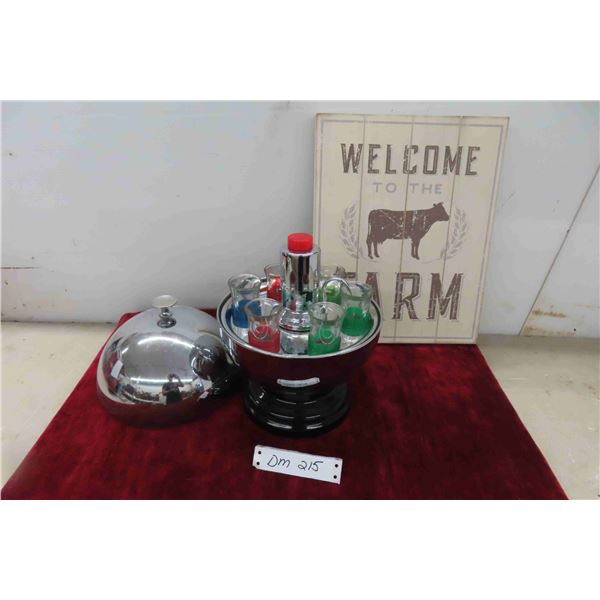 Vintage Chrome Liquor Pump with Shot Glasses, Wood Welcome Sign 15x12