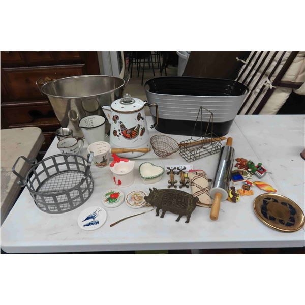 Metal Coffee Perculator , Rolling Pin, Magnets, Strainer, Bacon 