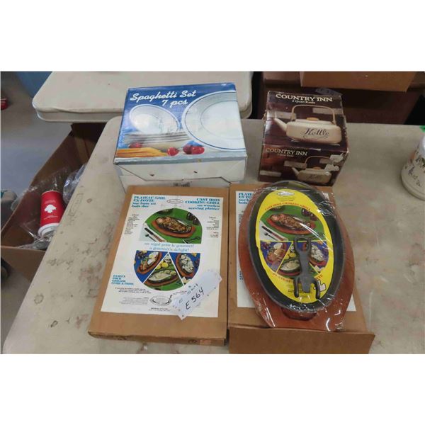 2 Cast Iron Cooking Grills, 7 Pc Spaghetti Set, Country Inn Kettle +