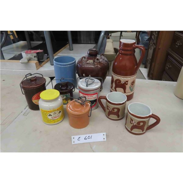 Pitcher with 2 Matching Cups, Vintage Stoneware Crocks +