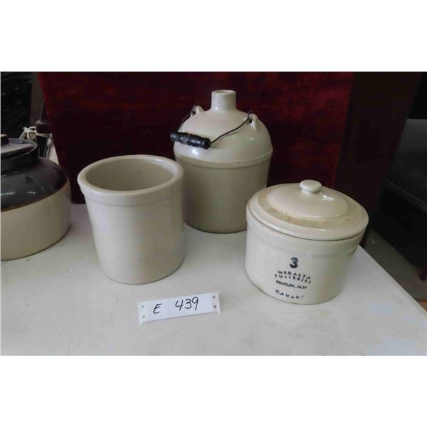 3 Stoneware Crocks 12" Medalta with Lid, Jug