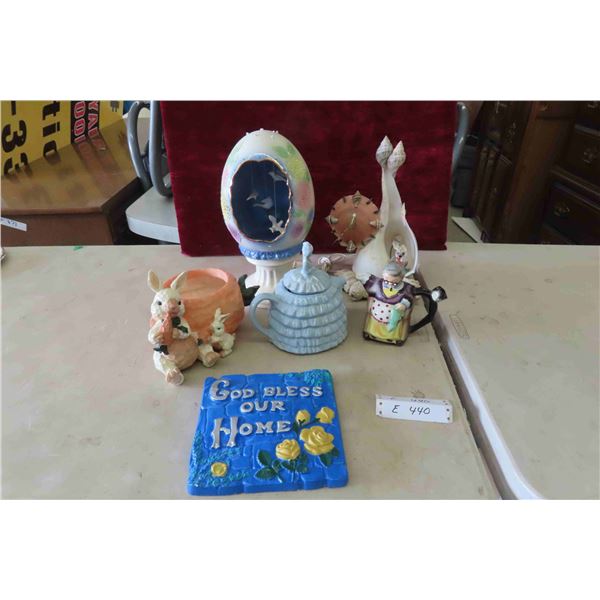 Unique Seashell Clock 12" High, Sadler Tea Pot, Chalkware Plaque 8"x 8"