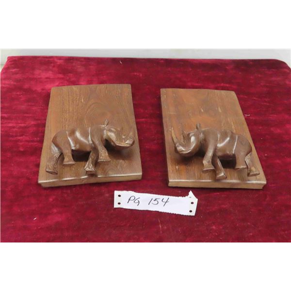 Hand Carved Rhinoceros Hardwood Bookends Mid 20 