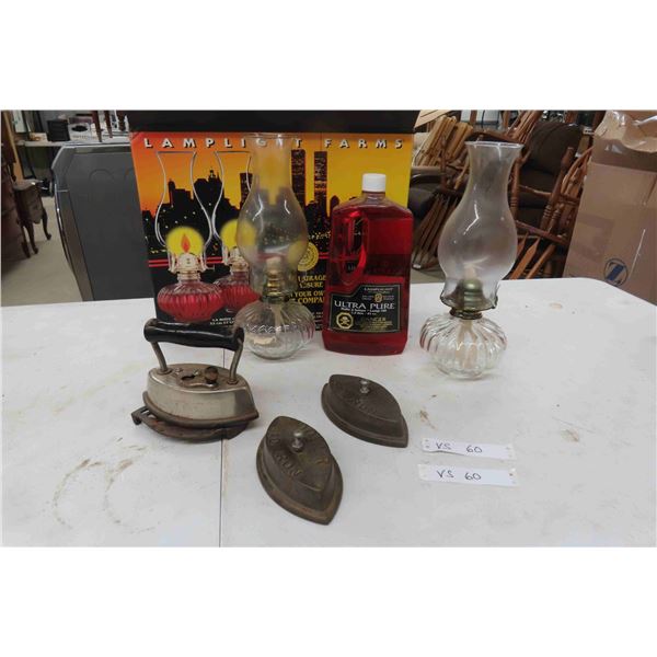 Vintage Sad Irons, 2 Oil Lamps, Full Bottle Lamp Oil