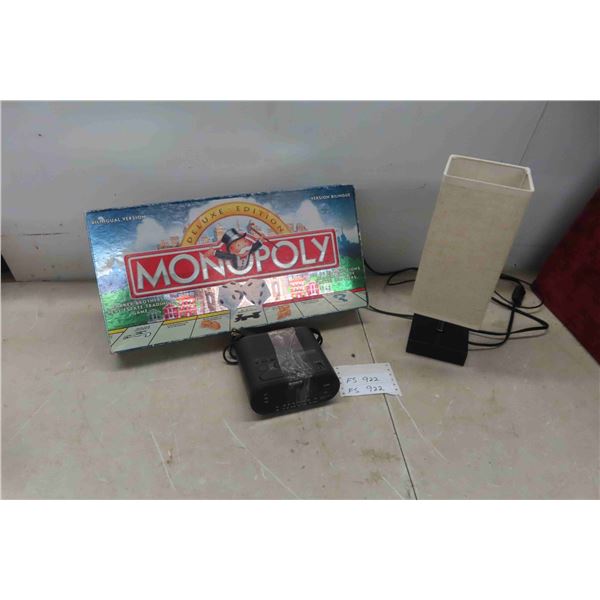 Monopoly Board Game, Clock Radio, Desk Lamp 