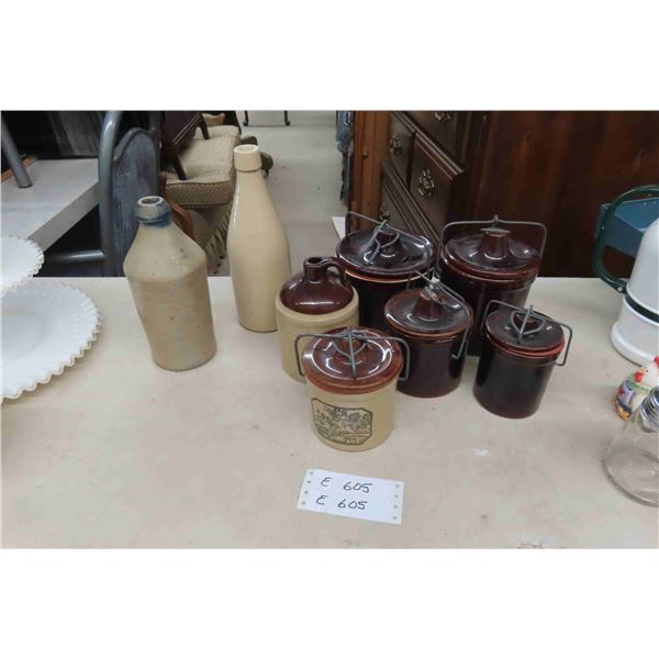 Stoneware Bottle Jug, Canister with Lids +