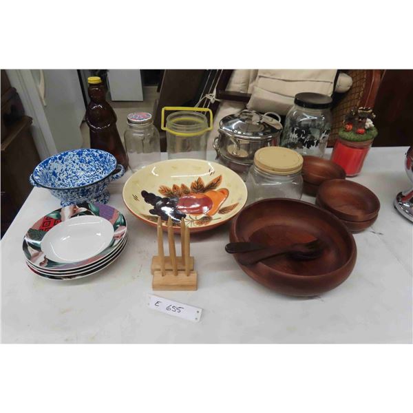 Wood Salad Bowl Set, Stainless Pot, Vintage Jars, Candle + More