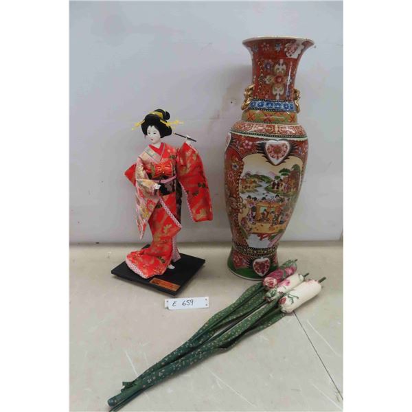 Japanese Style Vase 24" with Fabric Bull Rushes, Japan Fruit Growers Figure 19" High
