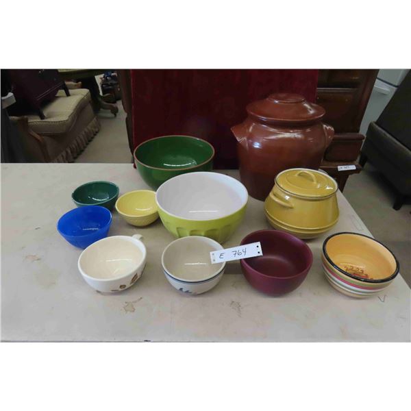 Stoneware Crock with Lid, Bowls, Metal Bean Pot 