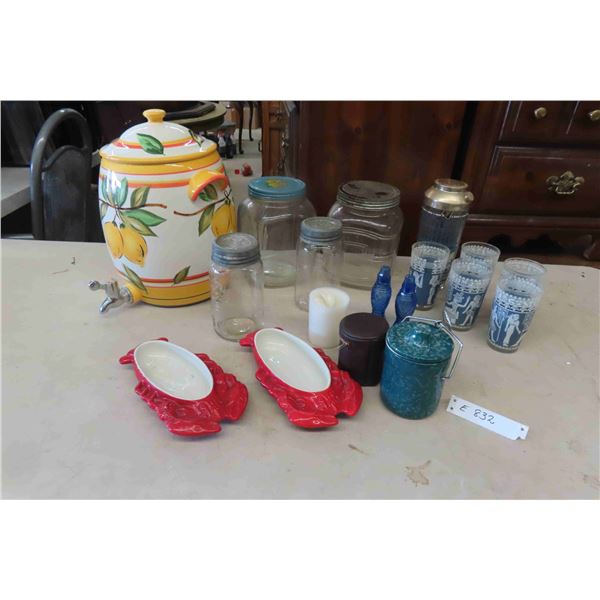 Ceramic Drink Dispenser, Sealer Jars, Lobster Plates, Glasses with Matching Decanter +