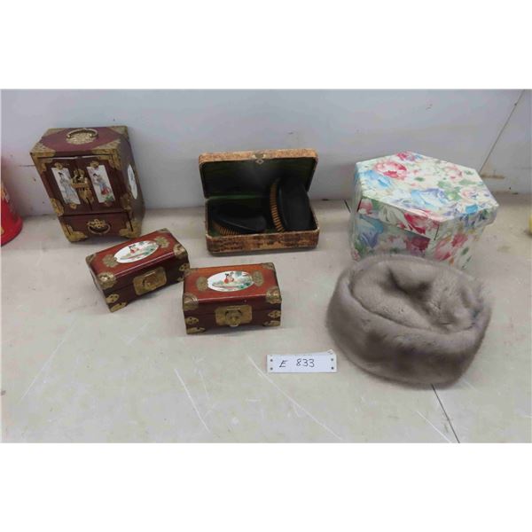 Wooden Jewlery Boxes with Brass Accents, Vintage Brush Set + Fur Style Hat