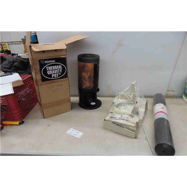 Thermos Gravity Coffee Pot, Yoga Mat, Meat Slicer