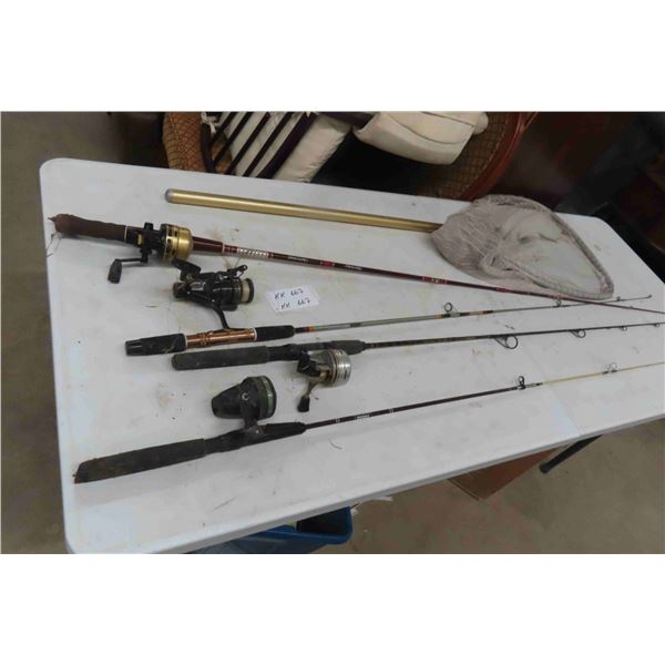 4 Fishing Rods , 4 Reels, Fishing Net, Red Rod Broken