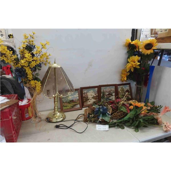 4 Framed Petit Point Pictures 9.5" x10", Vases, Table Lamp, Silk Flowers 