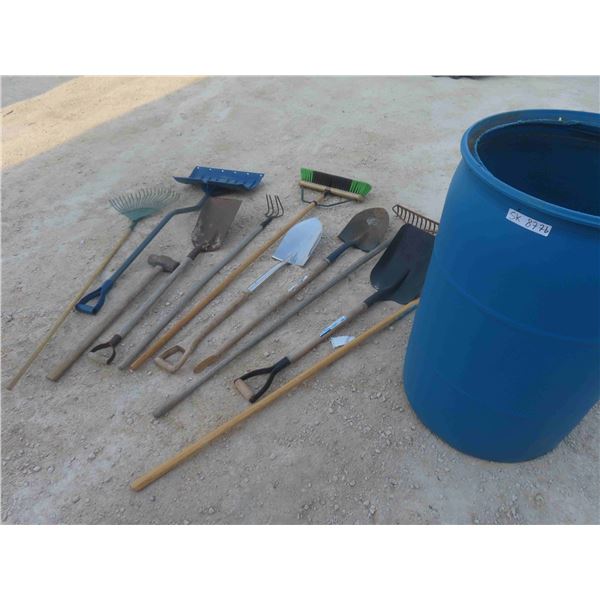 45 Gallon Poly Barrel with Yard Tools (3) Rakes, (5) Shovels, Sledge Hammer, Hoe