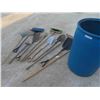 Image 1 : 45 Gallon Poly Barrel with Yard Tools (3) Rakes, (5) Shovels, Sledge Hammer, Hoe