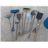 Image 3 : 45 Gallon Poly Barrel with Yard Tools (3) Rakes, (5) Shovels, Sledge Hammer, Hoe