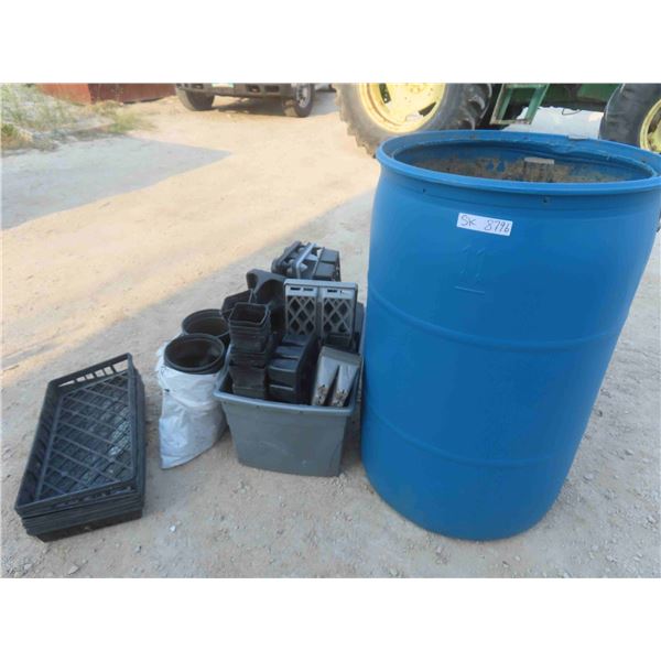 45 Gallon Poly Barrel with Quanity of Plastic Plant Pots 