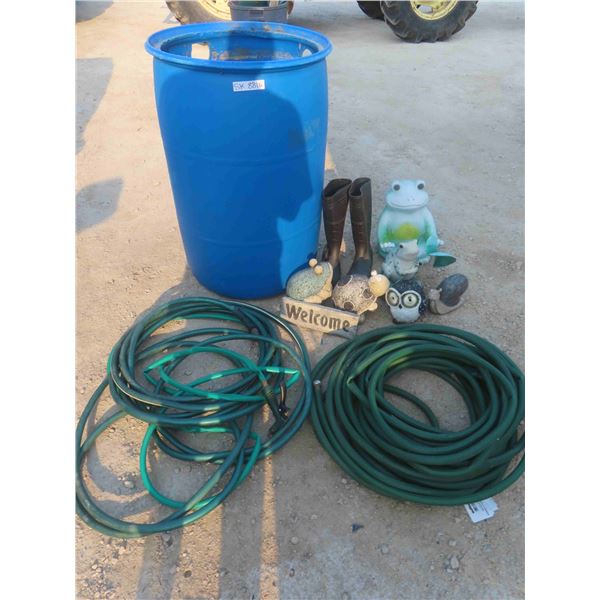 45 Gallon Poly Barrel with 2 Garden Hoses & 7 Garden Ornaments