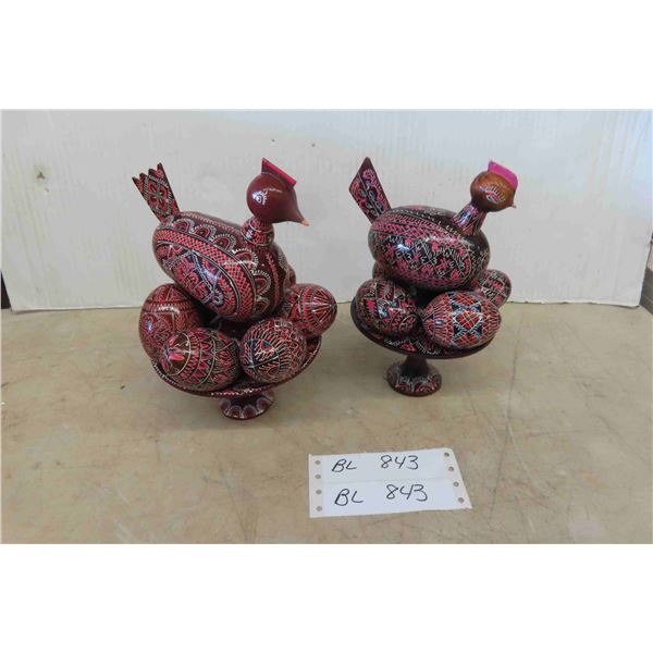 Ukrainian Hand Carved / Painted Wooden Chicken & Eggs