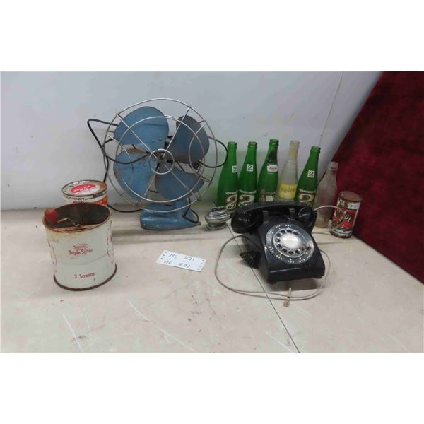 Vintage Fan, Rotary Desk Phone, 6 Soda Bottles: 2Way, Keystone, Dauphine Beverage +