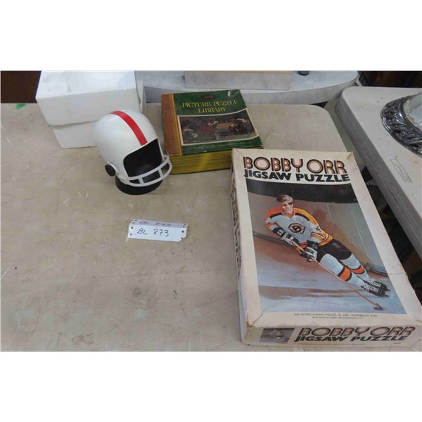 2 Jig Saw Puzzles, Bobby Orr, Picture Puzzle Library & Radio Football Helmet