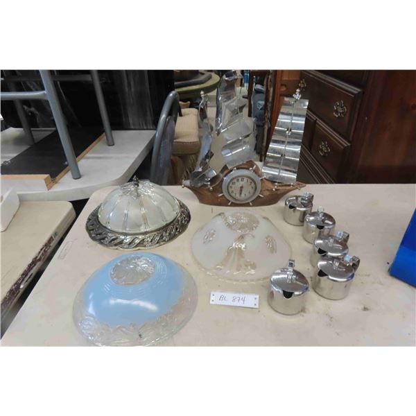 Boat Style Clock, Ceiling Light Fixture, 2 Glass Shades, 5 Tea/Cream Holders