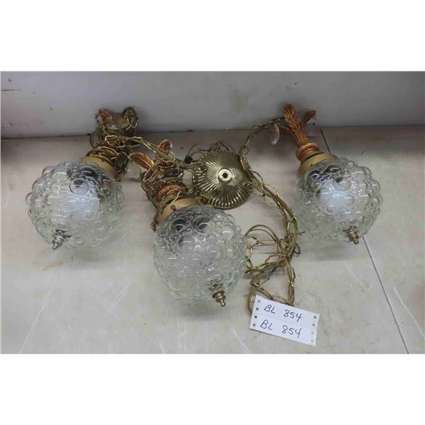 Vintage Hanging Light Fixture With 3 Glass With Brass