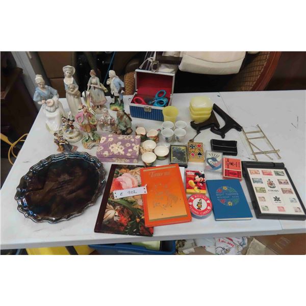 Silver Plated Tray, Pyrex Bowls, Figurines, Old Foley Minature Bowls, Creamers + 