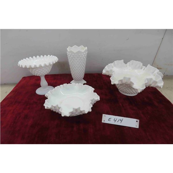 4pcs Milk Glass, Fenton Style Vase, Footed Candy Bowl & More